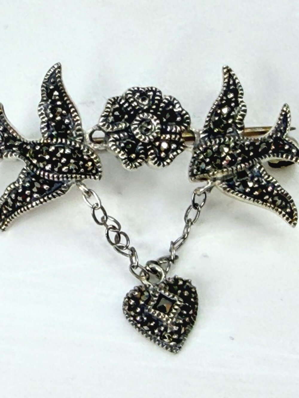 Vintage Sterling Silver Marcasite Swallow Birds Heart Brooch JR1978